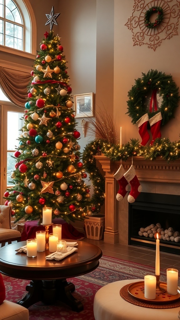 Traditional Christmas Decor Ideas Traditional Christmas living room with a decorated tree, stockings, and festive table setting.